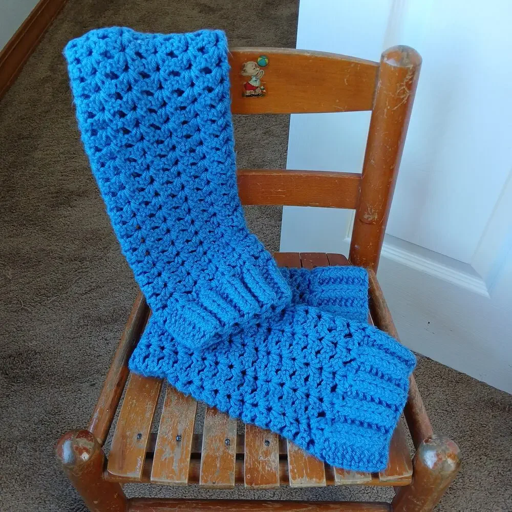 Denim Blue Leg Warmers OSFM crochet warm thick chunky over knee dance premade